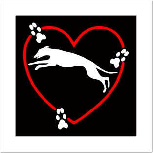 Running White Greyhound Red Heart Paw Prints Posters and Art